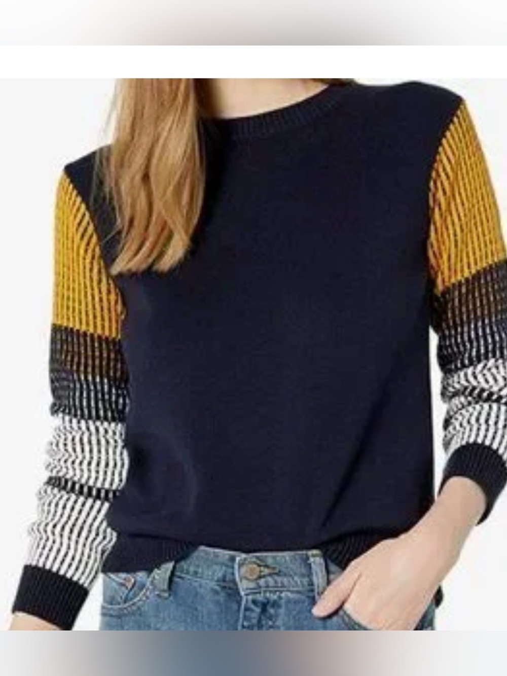 🆕 Cable Stitch Contrast-Sleeve Cotton Sweater L